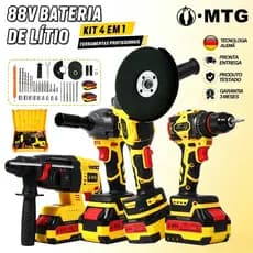 Kit MTG 4 Ferramentas 88V Furadeira, Chave de Impacto, Martelete e Esmerilhadeira com 2 Baterias e Maleta