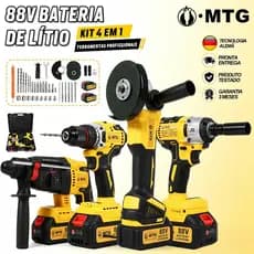 Kit MTG 4 Ferramentas 88V Furadeira, Chave de Impacto, Martelete e Esmerilhadeira com 2 Baterias e Maleta