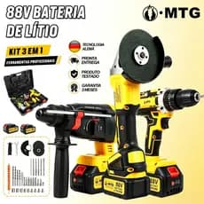 Kit MTG 3 Ferramentas 88V com 2 Baterias: Furadeira, Esmerilhadeira e Martelete + Maleta e Acessórios