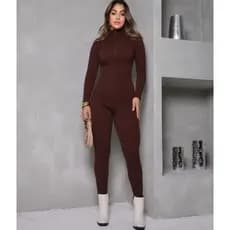 Macacão Feminino Virginia Moda Gringa Anaruga Zíper Inverno Marrom