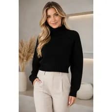 Blusa Cropped Tricô Feminina Gola Alta Manga Longa Inverno Fang Lã Quentinha