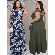 Vestido Plus Size Longo Evangelica Com Babado Nos Hombros