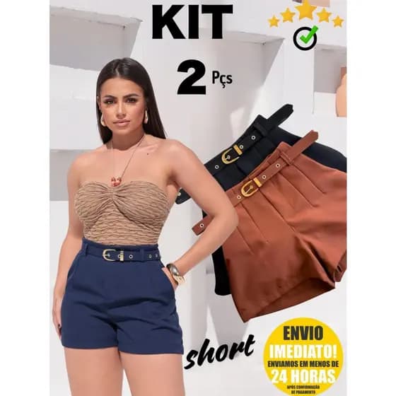 Kit 2 Short Alfaiataria Feminino Com Bolso Com Cinto Forrado Cintura Alta PROMOÇÃO P ao  GG