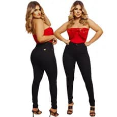 Calça Jeans Feminina Preta Com Lycra Elastano Cintura Alta Empina Bumbum Promoção Moda Premium
