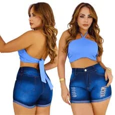 Short Jeans Feminino Bermuda Destroyed Barrinha Cos Cintura Alta Levanta Bumbum Promoção