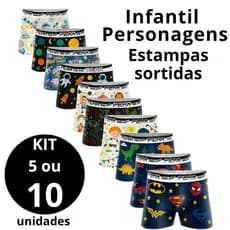 Kit 5 ou 10 Cueca Infantil Personagens Box Com Forro Em Algodão