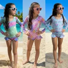 Maiô Infantil Menina Juvenil Manga Longa Estampado Praia Piscina Proteção UV 1, 2, 4, 6, 8 e 10 Anos
