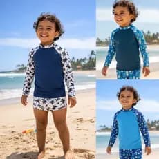 Conjunto Praia Infantil Menino natação piscina – Camisa Manga Longa com proteção UV + Sunga de Banho