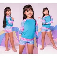 Conjunto Sereia Moda Praia Piscina Infantil Menina Camisa Manga Longa e Shortinho do 2,4,6,8,10 Anos