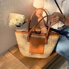 Bolsa de palha retrô francesa, bolsa de ombro cor café, grande capacidade, portátil, couro, tecido, lazer, férias, praia