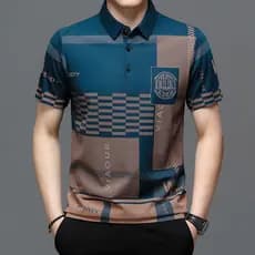 Camisa Pólo Coreana De Manga Curta Estampada , Na Moda Para Homens De Meia-Idade E Idosos