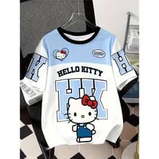 Sanrio Hello Kitty Cartoon Fashion Print Camiseta Esportiva Infantil Com Gola Redonda E Manga Curta