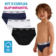 Kit 3 Cueca Slip Infantil 100% Algodão Polo Star Cotton Original Forro Duplo