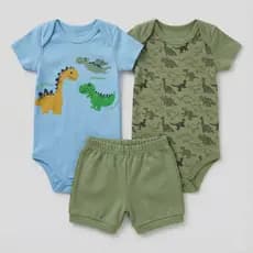 Kit 3 Peças Roupa Bebê Menino 2 Body E 1 Bermuda Algodão Verão Estampado