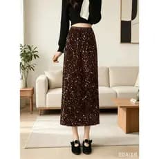 Saia midi com lantejoulas, novo modelo casual com fenda traseira