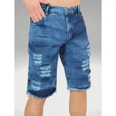 Bermuda Jeans Escura Lavagem Desbotada Rasgos