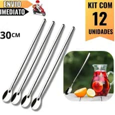 Kit 12 Colheres Longas 30cm em Aço Inox – Perfeito Para Drinks, Sucos, Sobremesas e Uso Profissional com Elegância