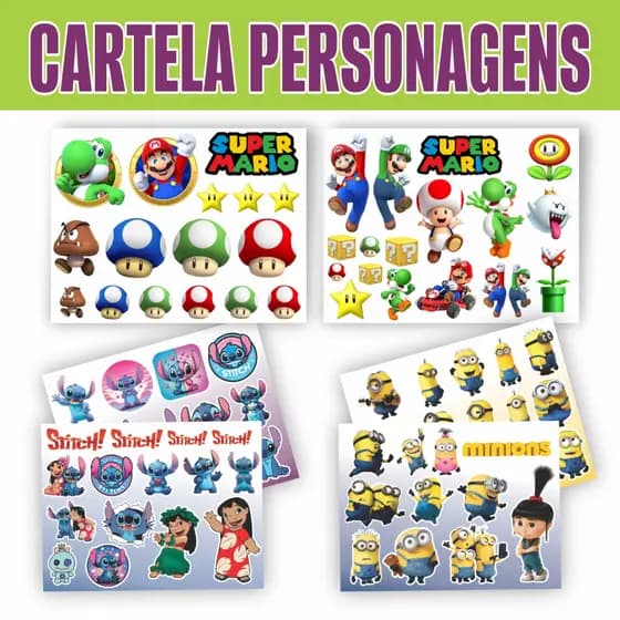 Sticker Cartela Adesivo Vinil Mario Minions Stitch, Skate, Caderno, mochila,  Notebook