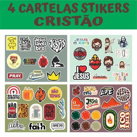 4 CARTELAS Adesivo Vinil Cristão Gospel Jesus para colar Skate, Vidro,  Biblia, Caderno, Celular, Tablet, Notebook, Carro, Instrumento (VERDE + MARROM)