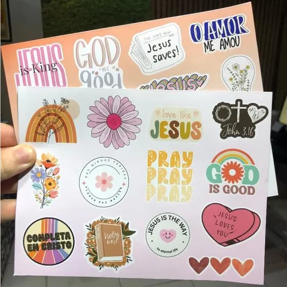 Cartela Adesivo Vinil Cristão Jesus - Biblia Mulher Feminina Girl - Sticker Caderno Notebook Instrumento - (ROSA)