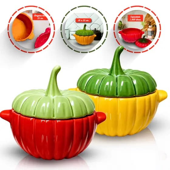 Kit Abóbora Moranga vermelha, Amarela cerâmica GG grande Caçarola Decoração Cozinha Sopeira