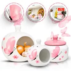 Kit Porta Alho Cerâmica e Porta Talher Borboleta Organizador Colheres Gourmet Condimentos Multiuso Decoração