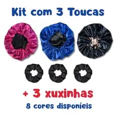 Kit com 3 Toucas de Cetim Dupla Face com Regulador + 3 Xuxinhas de Cabelo Promoção