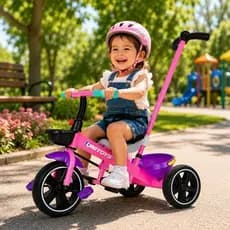 Triciclo Infantil Rosa Com Assento Confortavel E Empurrador Ajustavel