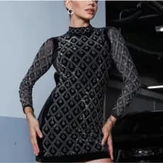 Vestido Veludo Strass, Vestido Gola Alta Brilho, Costas Decotado, Vestido Feminino Festa Peça Com Bojo.