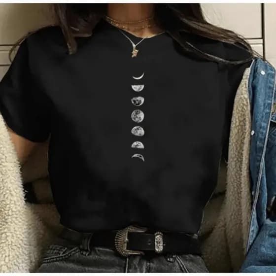 Camiseta T-Shirt Feminina Blusinha Casual Camiseta Básica Camisa Moda Fases Lua Estilosa