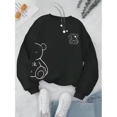Moletom Gola Redonda Feminino Urso Básico Casual Tendência Inverno Estiloso