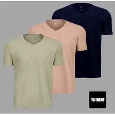 VB ONLINE Kit 3 Camisetas Masculina Algodão Egípcio Premium Malha Nobre Gola V Do P ao G2