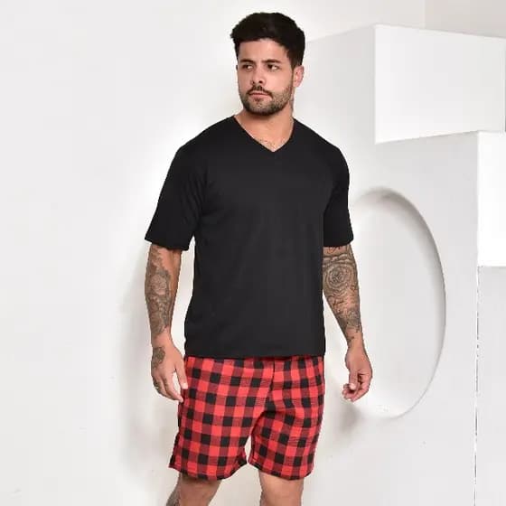 VB ONLINE Pijama Curto Flanela Xadrez Shorts e Camiseta Verão Conforto Do M ao G1