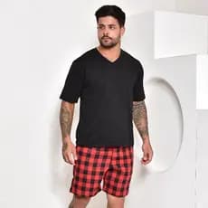 VB ONLINE Pijama Curto Flanela Xadrez Shorts e Camiseta Verão Conforto Do M ao G1
