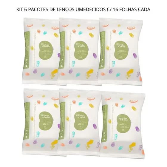 Kit Lenços Umedecidos Mamãe Bebê 6 Pacotes (16 Folhas Cada)