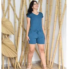 Conjunto Verão Viscolycra Short Cintura Média e Blusa Gola V Básica