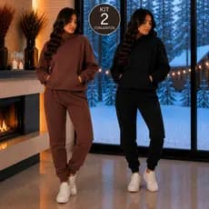 Kit 2 Conjuntos Moletom Feminino Felpado Com Capuz Calça Jogger Inverno
