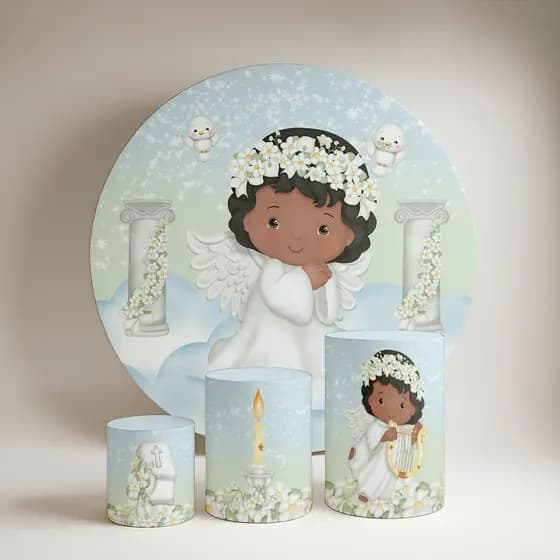 Kit Painel Redondo 1,5 m + Trio de Capas De Cilindro decoração Batismo anjinho