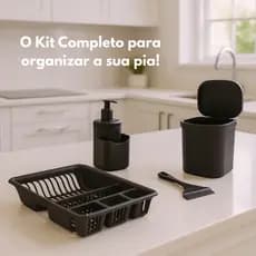 Kit Completo Pia Cozinha Lixeira Escorredor Porta Detergente e Bucha e Rodinho Preto