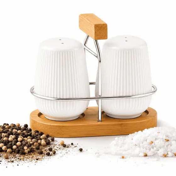 Conjunto Saleiro Pimenteiro de Cerâmica com Porta Temperos Suporte Bambu para Cozinha