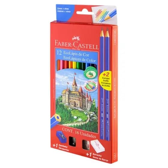 Lápis de Cor EcoLápis 12 Cores + 2 Lápis Grafite + Apontador + Borracha Faber Castell