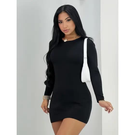 Vestido Curto Manga Longa Inverno Vestido Frio Casual Feminino Moda Malha Elegante