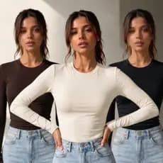 Kit 3 Blusa Feminina Manga Longa Suplex Premium Básica Gola Redonda Segunda Pele Academia Casual Ajustada