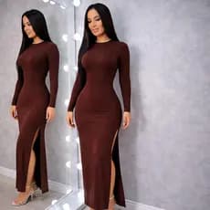 Vestido Longo Manga Longa Inverno Fenda Lateral Vestido Frio Casual Feminino Moda Malha Elegante