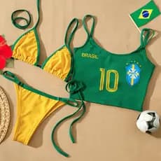 Kit 3 peças Blusinha Brasil e Biquíni Fita Marquinha Cortininha Cropped Feminino Copa Mundo Verão