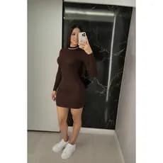Vestido Curto Manga Longa Inverno Vestido Frio Casual Feminino Moda Malha Elegante