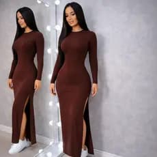 Vestido Longo Manga Longa Inverno Fenda Lateral Vestido Frio Casual Feminino Moda Malha Elegante