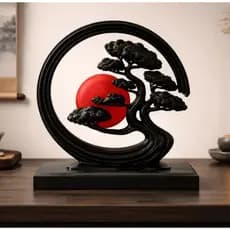 Escultura Bonsai Zen Japonesa com Sol Vermelho, Decoração Oriental Feng Shui para Sala, Escritório e Espaço de Meditação