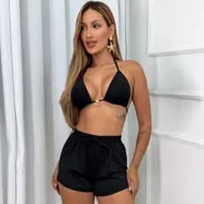 Conjunto Trikini Asa Delta Cortininha Com Bojo Shorts Moda Feminina Tendência P Ao GG
