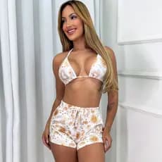 Biquini Cortininha Tendência Asa Delta Trikini 3 Peças Moda Praia Piscina Com Shorts